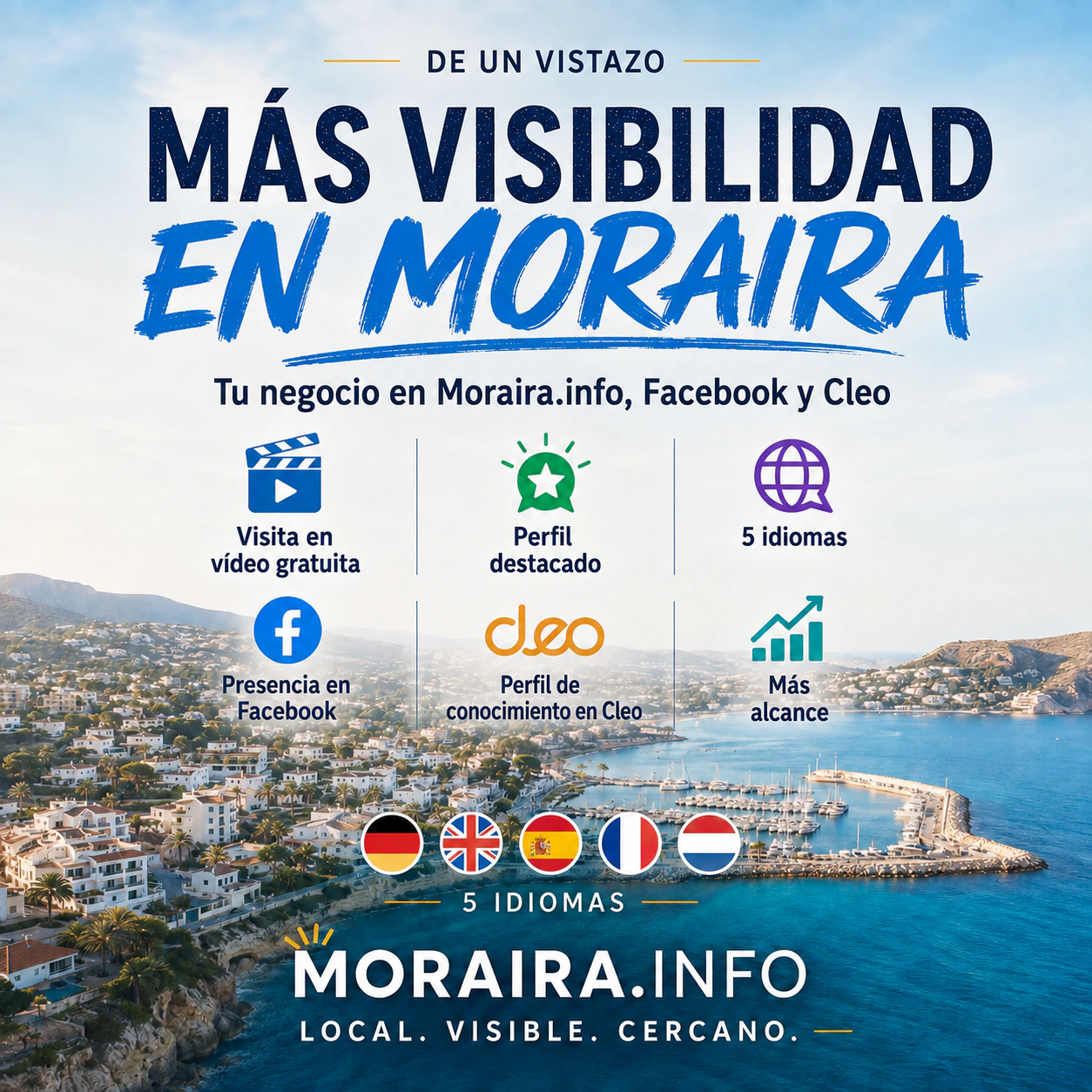 Cartel de la campaña de visibilidad de Moraira.info sobre una vista aérea de Moraira
