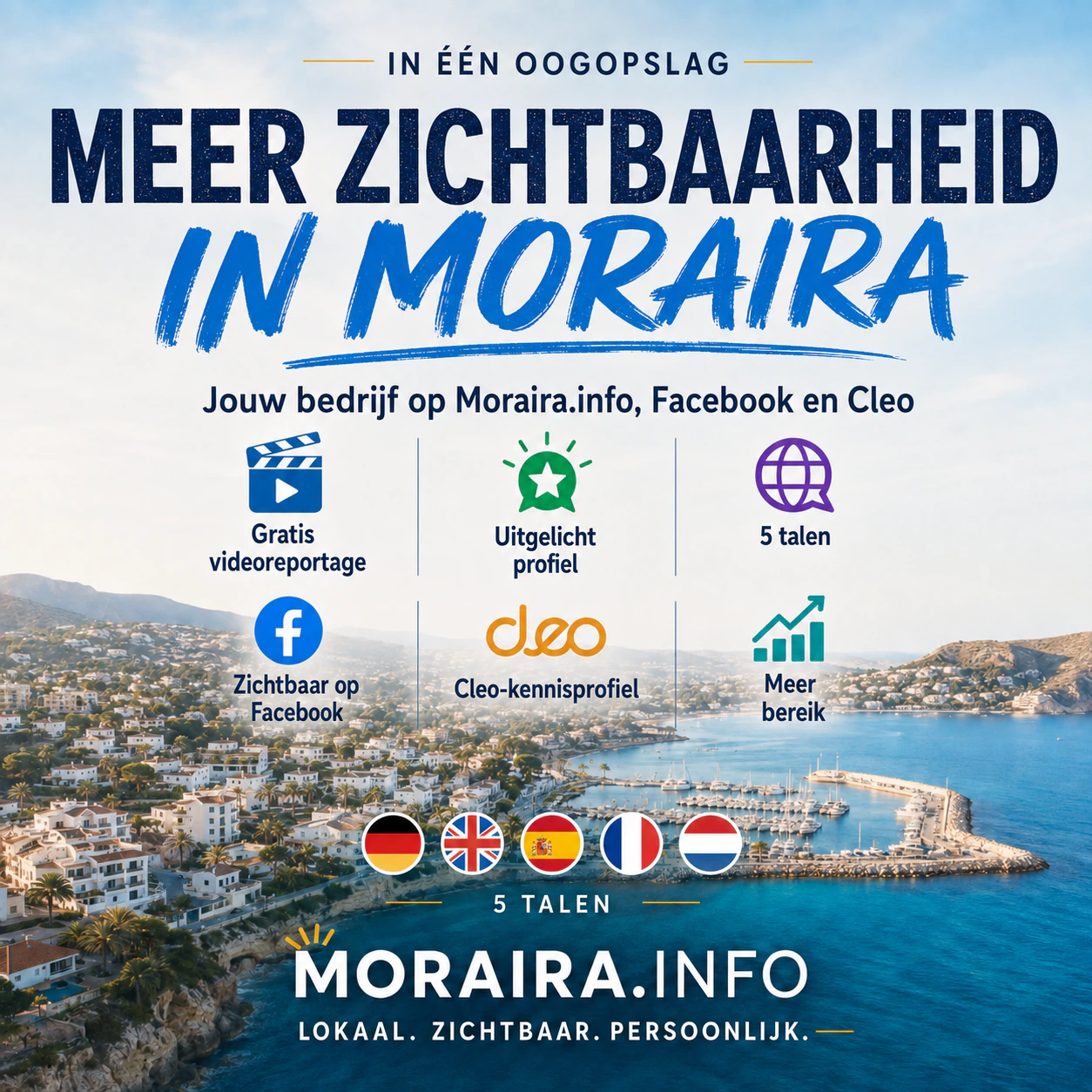 Overzicht van de zichtbaarheidscampagne van Moraira.info boven een luchtfoto van Moraira