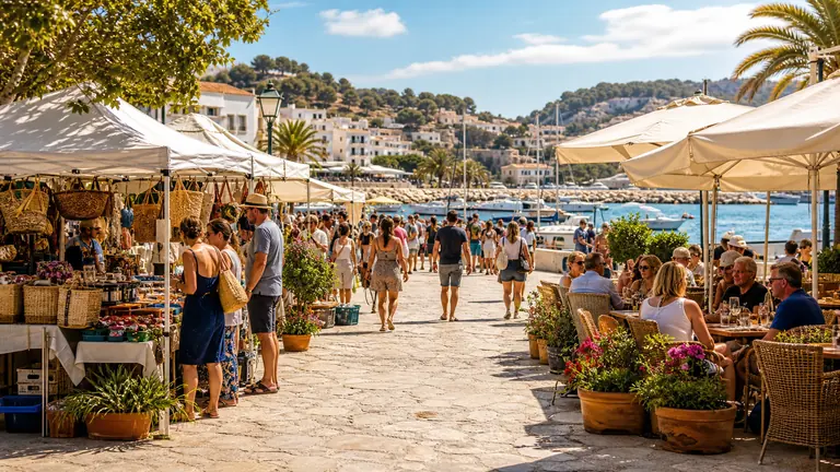 Escena animada en Moraira con puerto, mercado, terrazas y visitantes