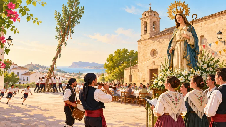 Illustration eines Nachbarschaftsabends mit traditioneller valencianischer Musik auf einem Altstadtplatz in Teulada