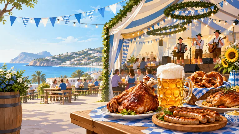 Illustration eines Oktoberfests im hellen Festzelt mit erwachsenen Gästen, Bier und Brezeln