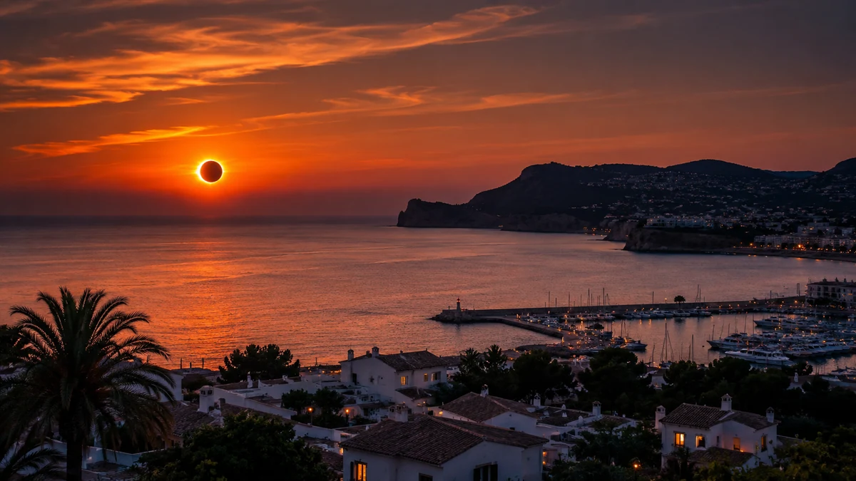 Representación ilustrativa de Moraira durante el eclipse. No es una simulación astronómica exacta; lo importante es tener el horizonte libre hacia el oeste-noroeste.