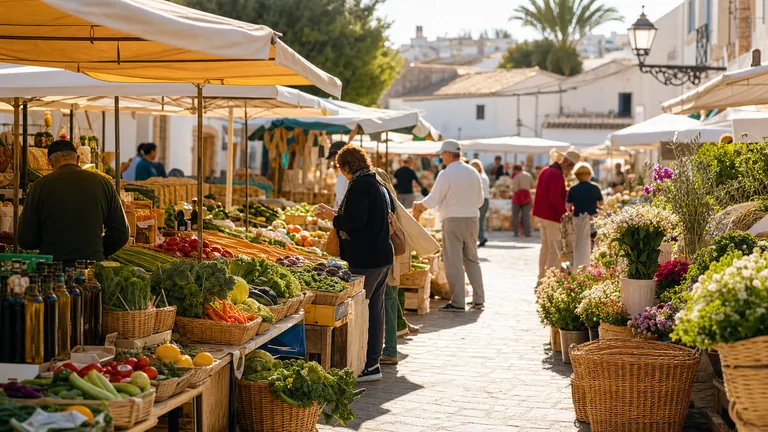 Mercado semanal mediterráneo con fruta, verdura y puestos cerca de Moraira