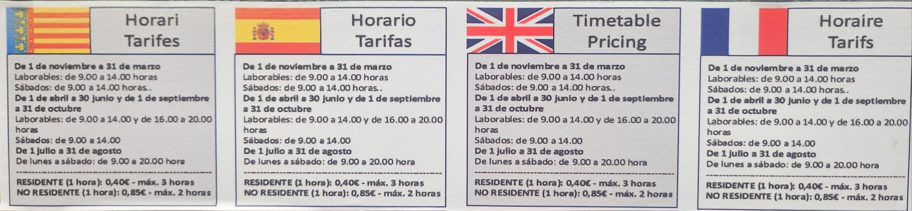 Gebührentafel für blau markierte Parkplätze im Stadtgebiet von Moraira