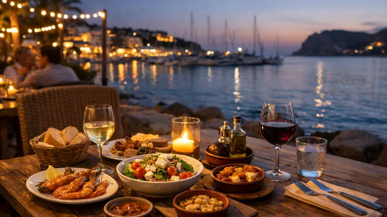 Abendliche Stimmung beim Essen gehen in Moraira mit Blick auf die Küste