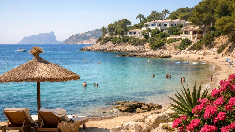 Mittagsszene an einem Strand in Moraira mit Promenade im Hintergrund, Badegästen und Blick aufs Meer