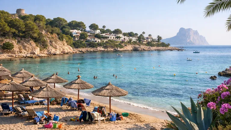 Familie richtet am Morgen am Strand von Moraira einen schattigen Platz ein, das Meer im Hintergrund
