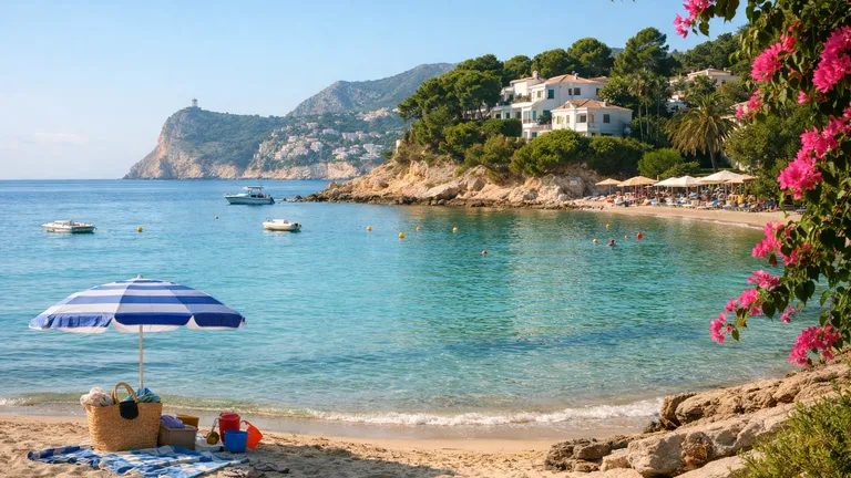Familie richtet am Morgen am Strand von Moraira einen schattigen Platz ein, das Meer im Hintergrund