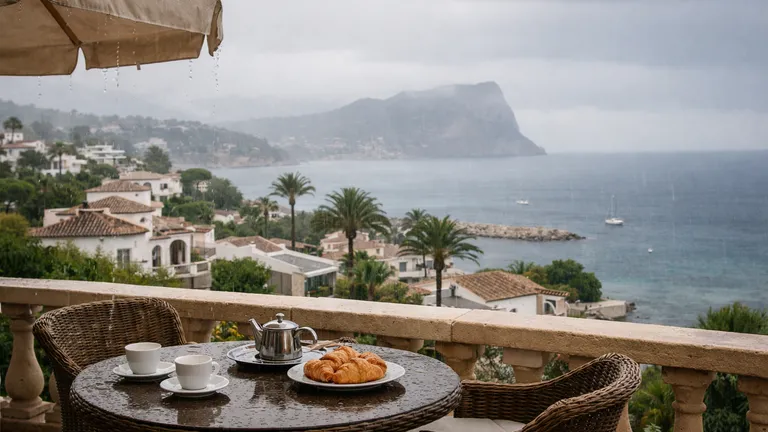 Regentag in Moraira: nasse Gassen im Ort mit Schirmen und gemütlicher Stimmung