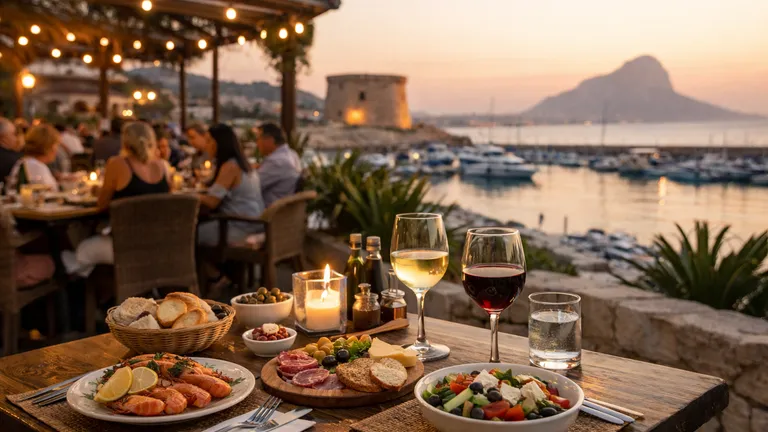 Evening view in Moraira with restaurant terraces lit near the sea