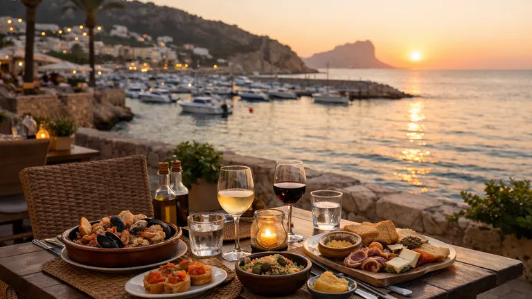 Abendstimmung in Moraira mit beleuchteten Terrassen nahe dem Meer