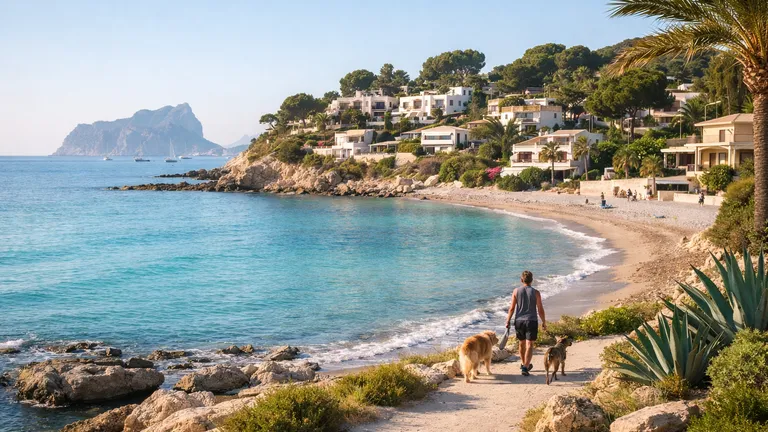 Dog on a leash during a quiet morning walk on Moraira’s seafront promenade