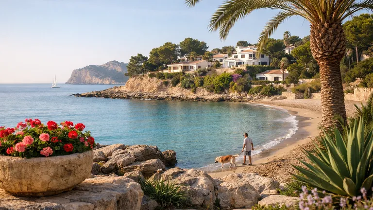 Hund an der Leine auf der Promenade in Moraira am Morgen mit Blick aufs Meer